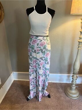 Forever 21 White Maxi Skirt with Pink Floral & Green Leaves